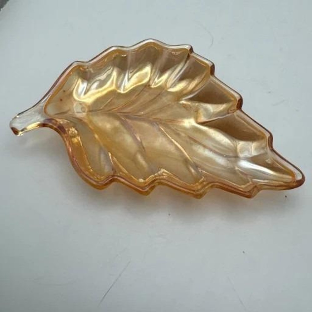 Marigold Carnival Glass Leaf Shaped Trinket Candy Dish Fall Iridescent 1950s